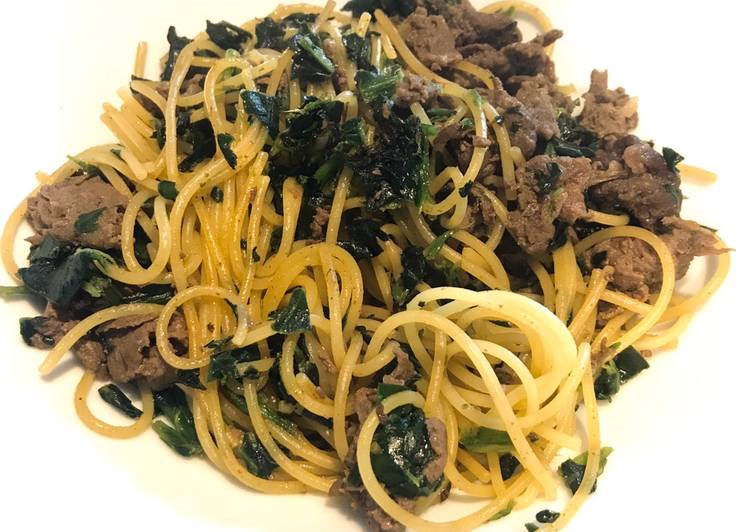Cara mudah Menyiapkan Simple Wagyu Beef Pasta with Chopped Spinach yang Bikin Ngiler