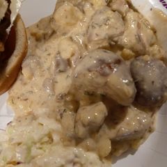 A picture of Mashed Potato Salad with Hamburgers.
