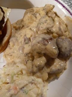 A picture of Mashed Potato Salad with Hamburgers.