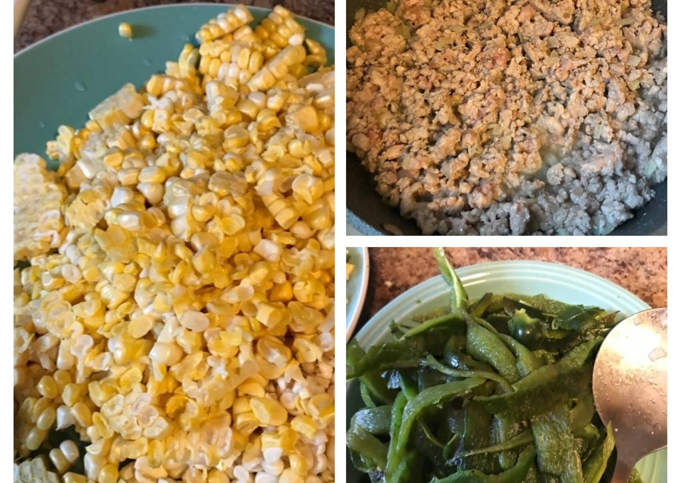 Carne molida con chiles poblanos y maíces de elotes