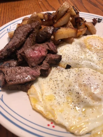 Easy Way Make Steak and eggs with a side of home fries the Awesome  You can take Joss in your mouth