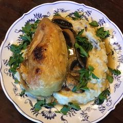 A picture of California Farm Whole Chicken in Mushroom Sauce with Mashed Potatoes.