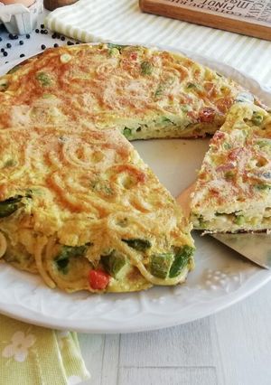A picture of Asparagus, Pasta, and Pork Jerky Frittata.
