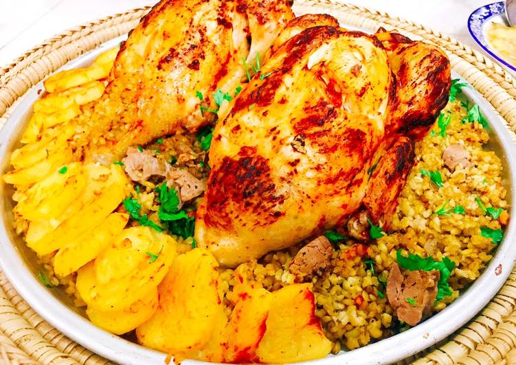 دجاج مشوي ومحشي فريك مع البطاطا المشوية 🍗🍗