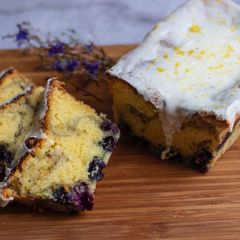 Lemon drizzle with blueberry compote swirl cake A picture of Lemon drizzle with blueberry compote swirl cake.