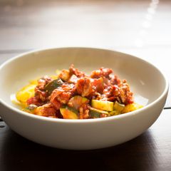 A picture of Roasted Spaghetti Squash with Turkey Zucchini Marinara.