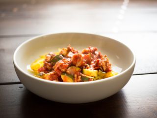Roasted Spaghetti Squash with Turkey Zucchini Marinara