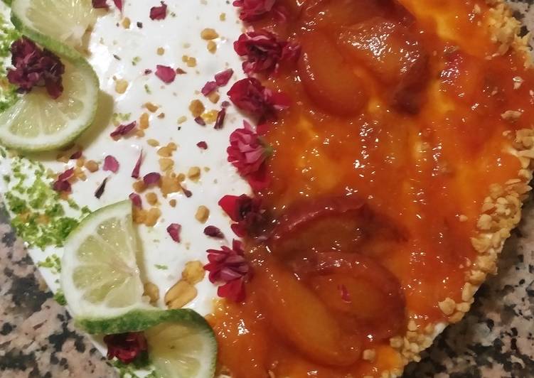 Tarta de queso con durazno y lima