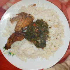 White rice with vegetable soup nd fried chicken A picture of White rice with vegetable soup nd fried chicken.