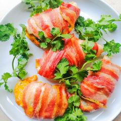 Bacon wrapped stuffed chicken breasts A picture of Bacon wrapped stuffed chicken breasts.