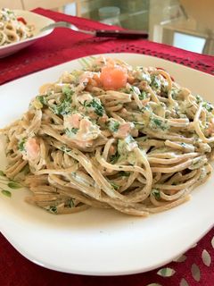 A picture of Whole Wheat Spaghetti with Smoked Salmon, Lemon Zest, and Light Cream.