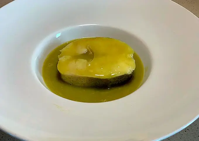 Receta Merluza, habitas y sopa de guisantes