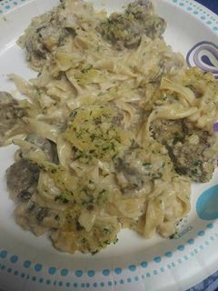 A picture of Egg Noodles with Meatballs in Alfredo Sauce.