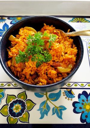 A picture of Spanish Rice with bacon 🍚 or maybe not Spanish but very tasty.