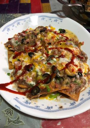 A picture of Bean cheese nachos.