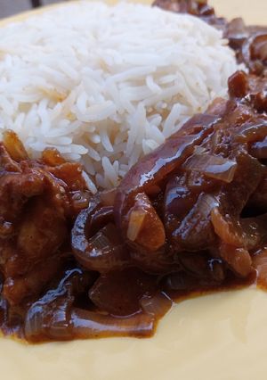 A picture of White rice with Thai onion and chicken sauce.