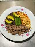 Scrambled Eggs, Steak, and Refried Black Beans