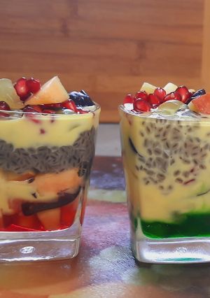 A picture of Fruity Custard With Basil Seeds.