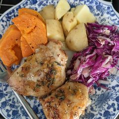 A picture of Honey lemon & thyme chicken (with) roasted butternut squash.