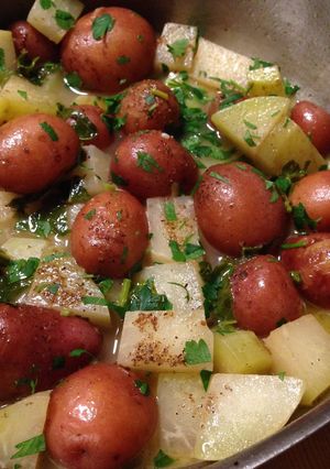 A picture of Braised Kohlrabi and Red Potatoes.