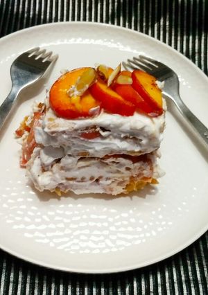 A picture of Almonds peach cream lasagna.
