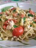 Linguine al cefalo con crema di zucchine e pomodorini