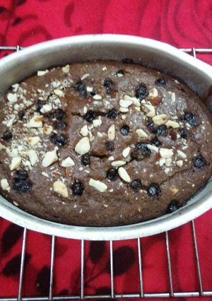 A picture of Whole wheat choco chips jaggery chocolate cake.