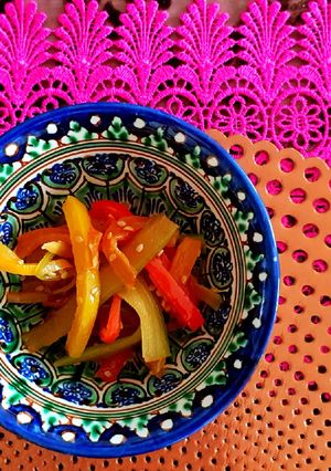 A picture of Celery and Bell Pepper Kimpira.