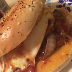 A picture of Steak egg and cheese bagel.