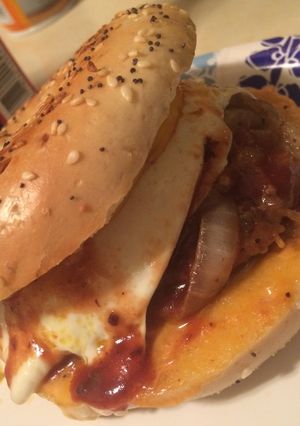 A picture of Steak egg and cheese bagel.