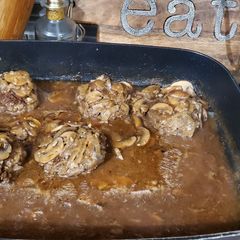 A picture of Hamburger Steaks with Mushroom and Onion Gravy.