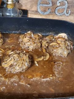 A picture of Hamburger Steaks with Mushroom and Onion Gravy.