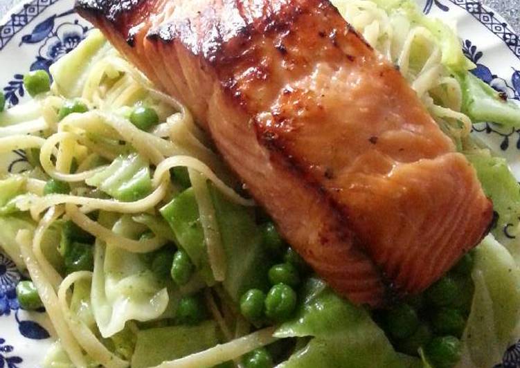 Homemade Spring Pasta with Kasu marinede salmon