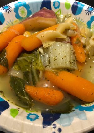 A picture of Bok Choy Soup with Chick Peas.