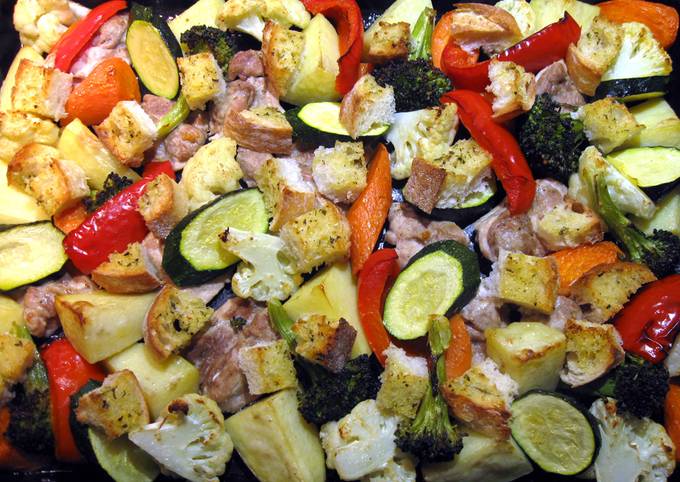Steps to Prepare Quick Chicken & Vegetables Tray Bake With Garlic Bread