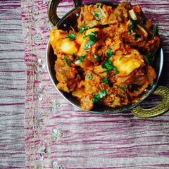 A picture of Meat Curry with Cumin flavoured potatoes.