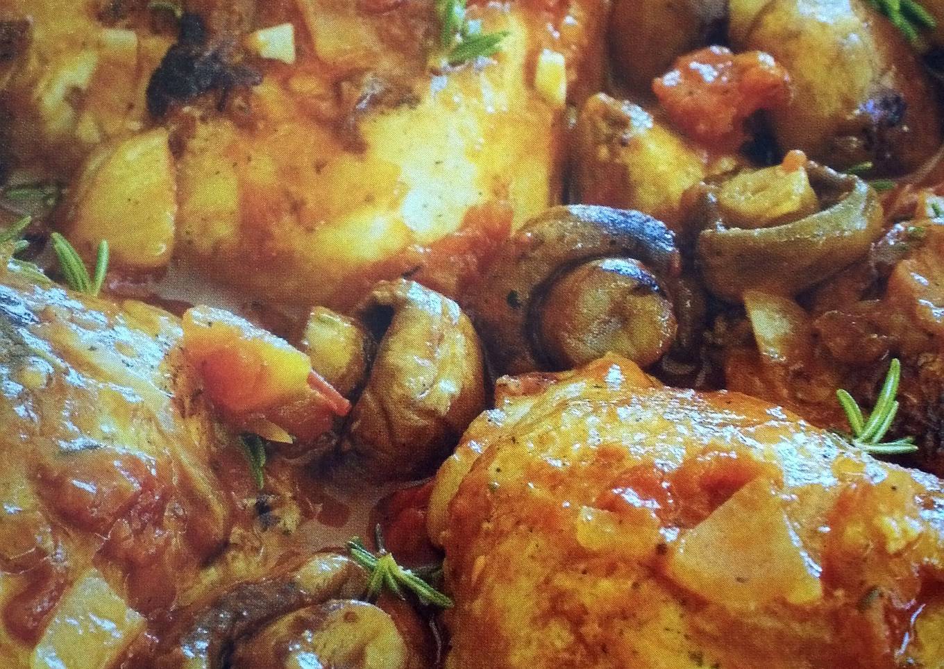 Chicken with Mushrooms Tomatoes and Rosemary.