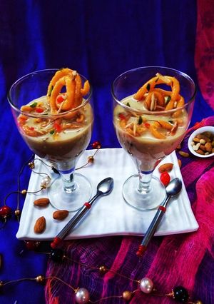 A picture of Makhana kheer and jalebi parfait.