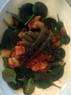 A picture of Chicken, Asparagus and spinach dish..