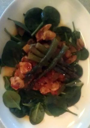 A picture of Chicken, Asparagus and spinach dish..