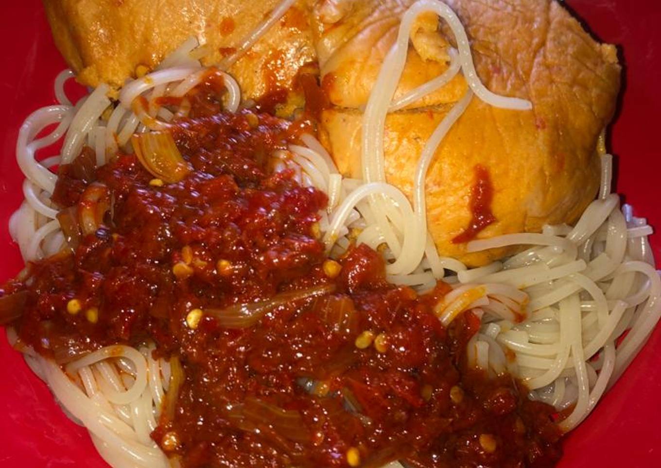 Pasta with pepper sauce and moi moi