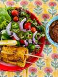 Tofu and Shiitake Satay with Massaman Curry Satay Sauce and Salad