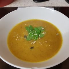 A picture of My Celeriac, Onion + Carrot Soup.
