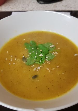 A picture of My Celeriac, Onion + Carrot Soup.