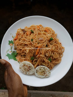 A picture of Jollof Spaghetti (Pasta in Tomato Sauce).