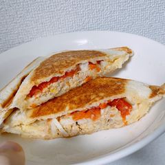 A picture of Toasted Sandwich with Tomato, Cabbage and Tuna.