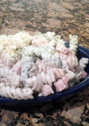 A picture of Mj's Rotini and ham pasta salad.