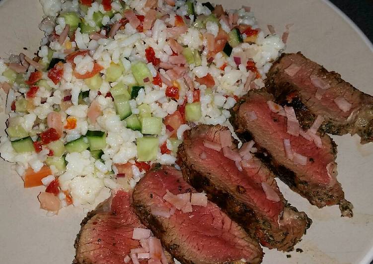 Grilled greek beef w' cold rice salad & bacon crumble