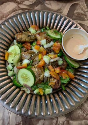 A picture of Grilled chicken and paste.