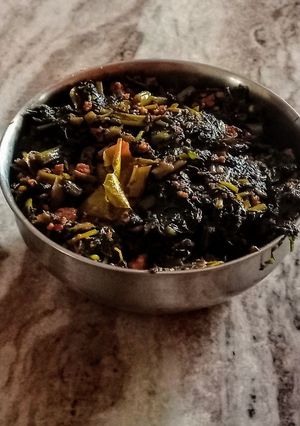 A picture of Water Spinach (kalmi shaak) stir fry.